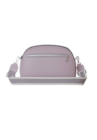 Lilac crossbody bag with a smooth material, rounded shape, front zipper pocket, and adjustable gray-and-white striped strap.