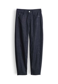 Pantalon en jean foncé avec une coupe droite, poches avant et fermeture par bouton. Texture lisse avec des détails de couture subtils.