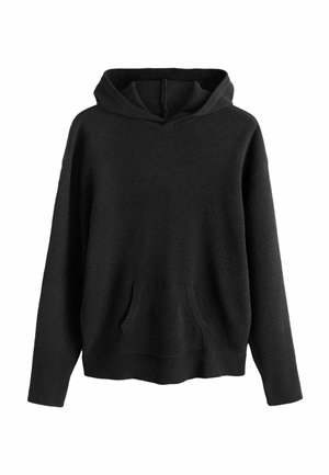 Must kapuutsiga pusa, millel on tekstuuriga kootud muster, lai lõige, esikülje tasku ja pikad varrukad. Lihtne disain, kus pole nähtavaid mustreid ega dekoratsioone.