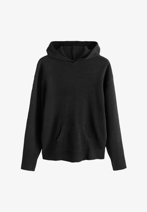 Črna kapucar s teksturirano pletenino, ohlapnim krojem, žepom spredaj in dolgimi rokavi. Enostavna zasnova brez vidnih vzorcev ali poudarkov.