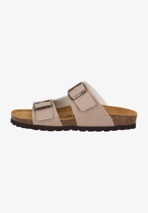 Beige twee-band slide sandaal met verstelbare gespen, gecombineerde kurk en EVA zool, zachte suede voetbed, en gestructureerde rubberen buitenzool.