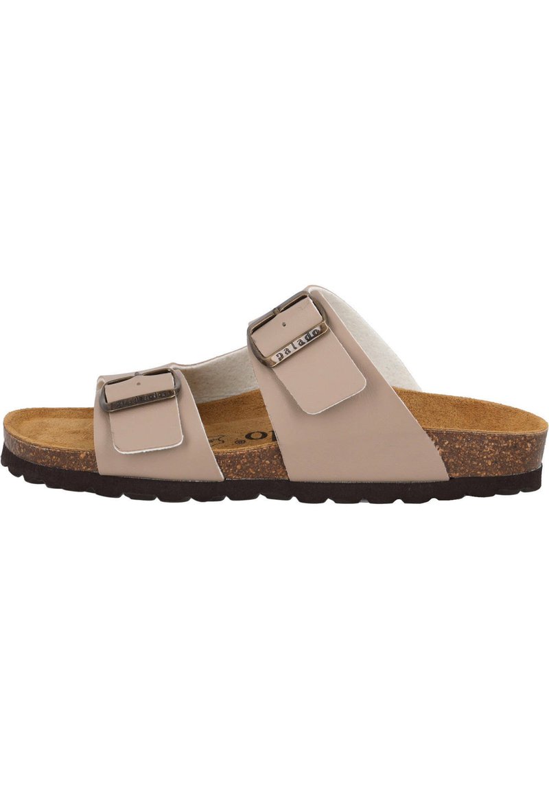 Beige Zweischnallen-Sandale mit verstellbaren Schnallen, kombiniert mit Kork- und EVA-Sohle, weichem Wildlederschaft und strukturiertem Gummiaußensohle.
