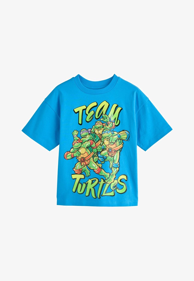 Camicia a maniche corte di un azzurro brillante con le Tartarughe Ninja in pose d'azione e la scritta "TEAM TURTLES" in lettere verdi e gialle.