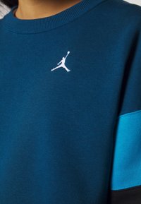 Felpa verde acqua con collo rotondo, con il logo Jumpman bianco sul petto a sinistra e dettagli a contrasto turchese e neri sulle maniche.