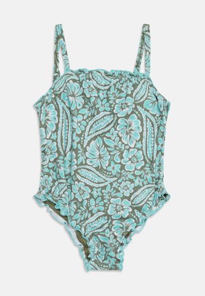 Maillot de bain une pièce à fines bretelles, avec un motif floral et feuillage bleu sarcelle et bleu clair sur fond vert olive.