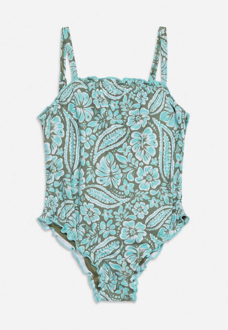 Maillot de bain une pièce à fines bretelles, avec un motif floral et feuillage bleu sarcelle et bleu clair sur fond vert olive.