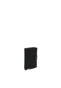 Black wallet made of smooth leather with contrast stitching, featuring a snap button closure and a compact, rectangular design.