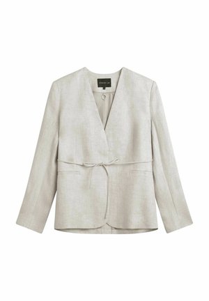 Lichtbeige damesblazer met lange mouwen, V-hals, ceintuur om te strikken aan de voorkant en twee voorzakken, gemaakt van een gestructureerde stof.