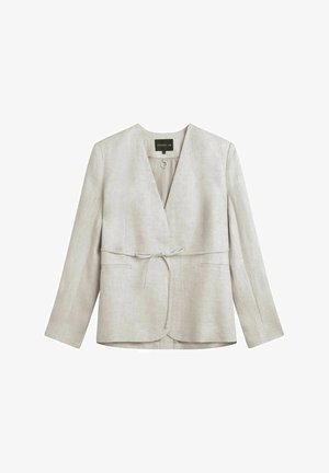 Blazer pour femme beige clair avec manches longues, col en V, ceinture nouée à l'avant et deux poches avant, en tissu texturé.