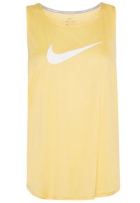 Żółta bezrękawnikowa koszulka wykonana z lekkiego materiału. Posiada białe logo Nike Swoosh z przodu oraz okrągły dekolt.
