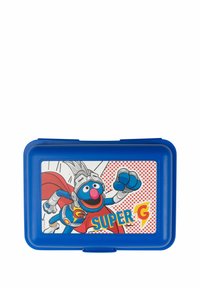 Lunch box blu in plastica con un personaggio dei cartoni animati che indossa un casco d'argento e un mantello rosso, etichettato "SUPER G" su uno sfondo decorato.