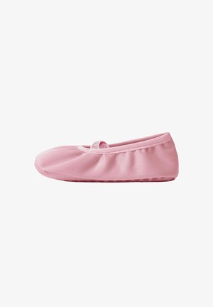 Soft pink ballet slipper with elastic strap across the instep, smooth fabric upper, and flexible sole, shown from the side.