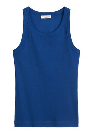 Blaues Baumwoll-Tanktop mit gerippter Textur, ärmellosem Design und Rundhalsausschnitt. Verfügt über ein Etikett mit der Aufschrift "Mare O'Polo DENIM".