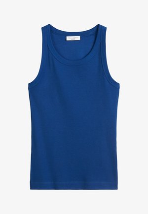 Niebieski bawełniany top na ramiączkach z prążkowanym wzorem, bez rękawów i okrągłym dekoltem. Posiada metkę z napisem "Mare O'Polo DENIM."