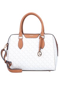 Sac à main blanc structuré avec un design matelassé, des accents en cuir marron, deux poignées supérieures et une bandoulière amovible.