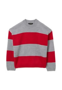 Maglione grigio con strisce orizzontali rosse, scollo rotondo e polsini a coste. Tessuto lavorato a maglia con vestibilità comoda. Etichetta del marchio visibile al collo.