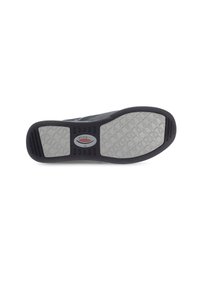Black walking shoe sole with a textured gray rubber surface, featuring a diamond pattern and brand logo in the center.