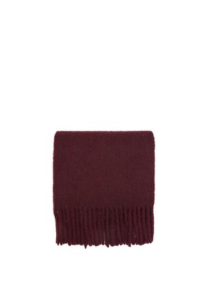 Écharpe en laine rouge foncé pliée avec des extrémités à franges, présentée sur un fond blanc.