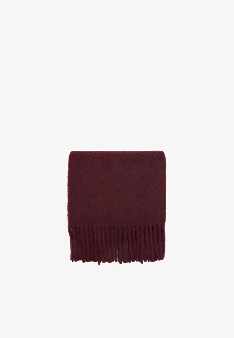 Écharpe en laine rouge foncé pliée avec des extrémités à franges, présentée sur un fond blanc.