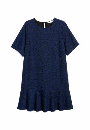 Blaues Kurzarmkleid mit schwarzem floralem Strukturmuster und ausgestellt geschnittenem Saum, mit einem Schlüssel-Ausschnitt und Knopfverschluss am Rücken.