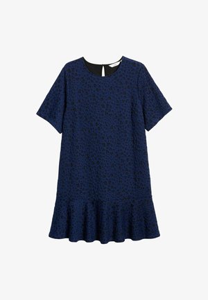 Blaues Kurzarmkleid mit schwarzem floralem Strukturmuster und ausgestellt geschnittenem Saum, mit einem Schlüssel-Ausschnitt und Knopfverschluss am Rücken.