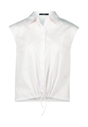 Blusa bianca senza maniche con chiusura a bottoni frontale, colletto e orlo arricciato con coulisse. Texture liscia con un design pulito e minimale.