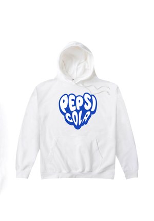 Bílá mikina s kapucí a přední kapsou, která má modrý text "PEPSI COLA" v tučném, zaobleném písmu uvnitř tvaru srdce na hrudi.