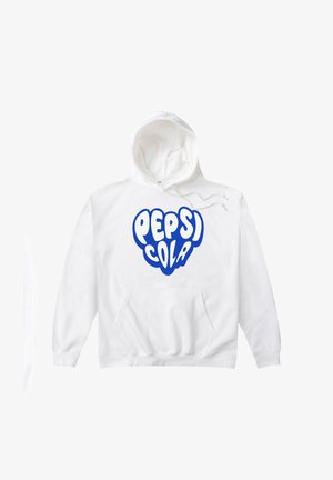 Bílá mikina s kapucí a přední kapsou, která má modrý text "PEPSI COLA" v tučném, zaobleném písmu uvnitř tvaru srdce na hrudi.