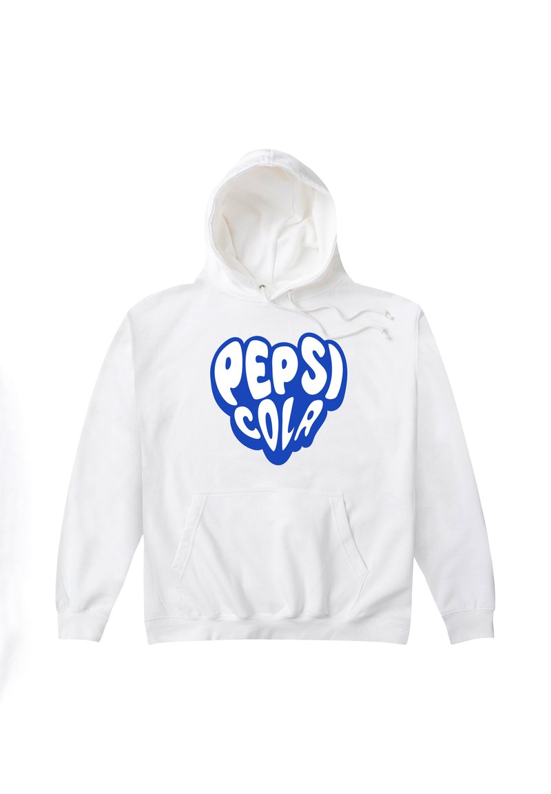 Bílá mikina s kapucí a přední kapsou, která má modrý text "PEPSI COLA" v tučném, zaobleném písmu uvnitř tvaru srdce na hrudi.