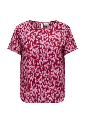 Majica kratkih rukava u ružičasto-crvenom apstraktnom uzorku, s okruglim izrezom i malim otvaranjem u obliku ključa na leđima. Mekani, lagani materijal.
