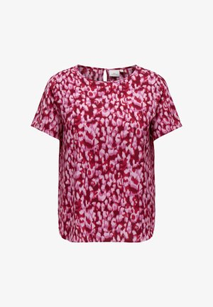 Short-sleeve top in a pink and red abstract pattern, featuring a round neckline and a small keyhole opening at the back. Soft, lightweight fabric.