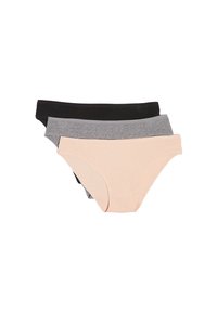 Une pile de trois culottes en coton côtelé pour femmes, en beige, gris et noir, posées à plat sur un fond blanc.