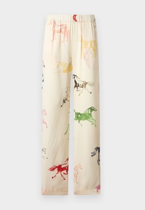 Pantalon couleur crème avec taille élastique, présentant un motif imprimé multicolore de chevaux dans différentes positions de course.