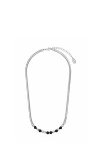 Zilveren ketting met een flexibele, geribbelde schakel en een rij afwisselend zwarte en zilveren kralen, bevestigd met een karabijnsluiting.