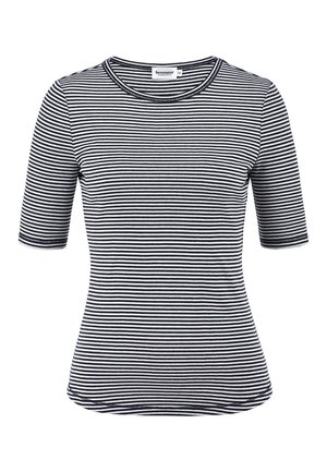 Zwart-wit horizontaal gestreept kort mouw T-shirt met aansluitende pasvorm, ronde halslijn en zichtbare stiksels aan de randen.