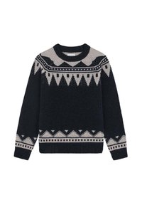 Granatowy sweter z okrągłym dekoltem i długimi rękawami. Geometryczne wzory w jasnoszarym kolorze ozdabiają yoke i dolny brzeg. Pleciona tekstura.