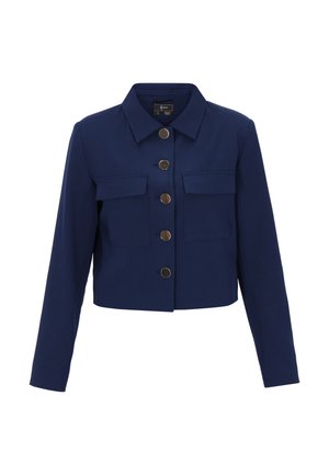Marineblauw cropped jack met lange mouwen, puntkraag, twee klepzakken op de borst en vijf grote ronde metalen knopen aan de voorkant.
