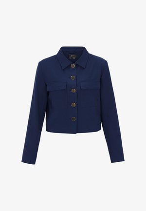 Marineblauw cropped jack met lange mouwen, puntkraag, twee klepzakken op de borst en vijf grote ronde metalen knopen aan de voorkant.