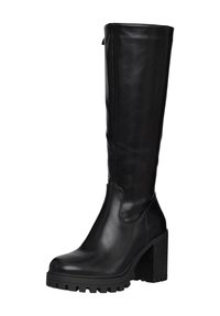 Bota de cuero negra hasta la rodilla con un tacón robusto, suela texturizada, diseño elegante y un sutil detalle de costura en los lados exteriores.