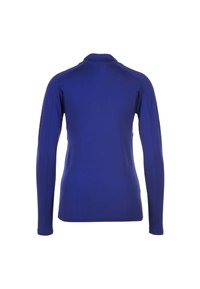 Chemise à manches longues bleu profond, avec un col haut, une texture lisse, une coupe ajustée et des coutures plates. AUCUN logo ni motif visible.