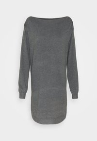 Maglione grigio a maniche lunghe con scollatura off-the-shoulder, texture morbida e vestibilità rilassata, con polsini e orlo a coste.