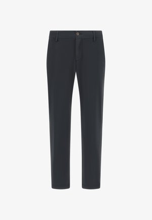 Temno sivi prilagojeni hlače z gladko teksturo, sprednjimi žepi, zadrgo in enim gumbom za zapiranje. Hlače s ravnimi nogavicami.