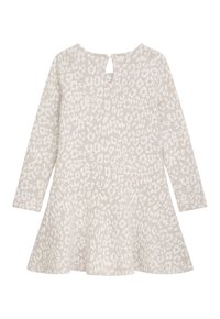 Hellbeiges Kleid mit langen Ärmeln, subtilem Texturmuster, ausgestelltem Rock und einem Schlüsselaugenöffnung im Rücken.