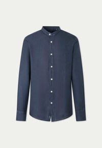 Camicia a maniche lunghe blu navy con colletto alla francese, chiusura frontale con bottoni e orlo arrotondato. Realizzata in un tessuto testurizzato.