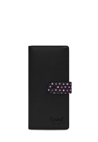 Black leather wallet with a polka dot-patterned closure in purple and pink. Features a logo embossed at the bottom. Smooth texture.