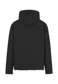 Sort hættetrøje med en glat overflade, der har lange ærmer, en lige kant og ingen synlige hardware eller accentuer.