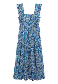 Blaues Kleid mit Paisley-Muster, quadratischem Ausschnitt, rüschierten Trägern und gestuftem Saum. Hergestellt aus leichtem Stoff mit floralen Akzenten.