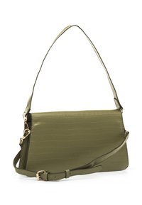 Bolso de mano de piel sintética verde oliva con textura de cocodrilo, diseño angular, correa ajustable y detalles en acabado dorado.