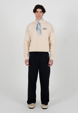 Uomo in piedi rivolto verso l'obiettivo, indossa un maglione beige con sciarpa blu, pantaloni neri e scarpe beige, su uno sfondo bianco uniforme.