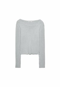 Hellgraues, geripptes Langarmshirt mit weitem Ausschnitt, figurbetonter Passform und kurzem Saum. Die Textur weist vertikale Rippen auf.